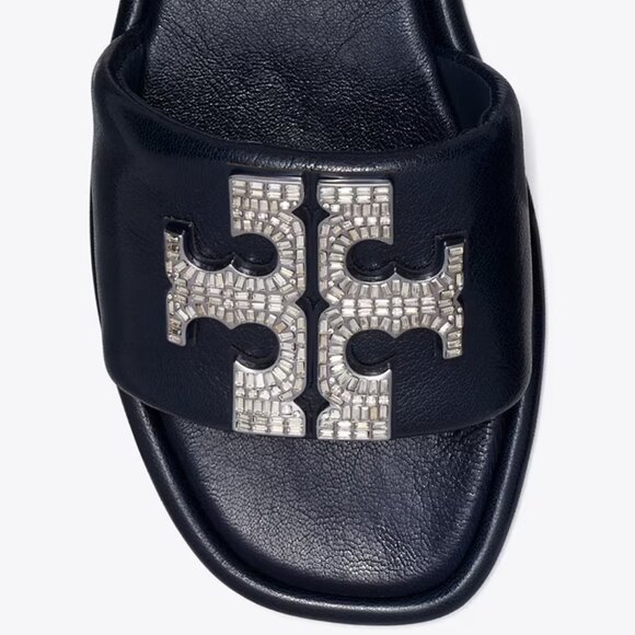 Tory Burch $258 DOUBLE T DECO SPORT SLIDE New Navy Rhinestones Embellished Flats - Picture 5 of 8